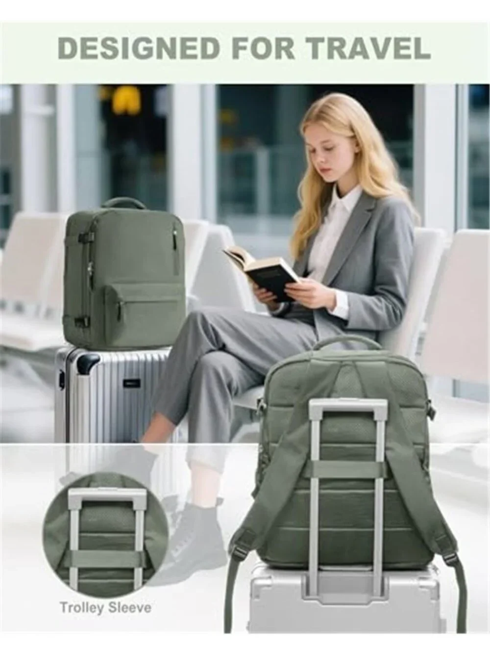 Green Travel Backpack Personal Item Under Seat Carry On Bag for Women Laptop TSA